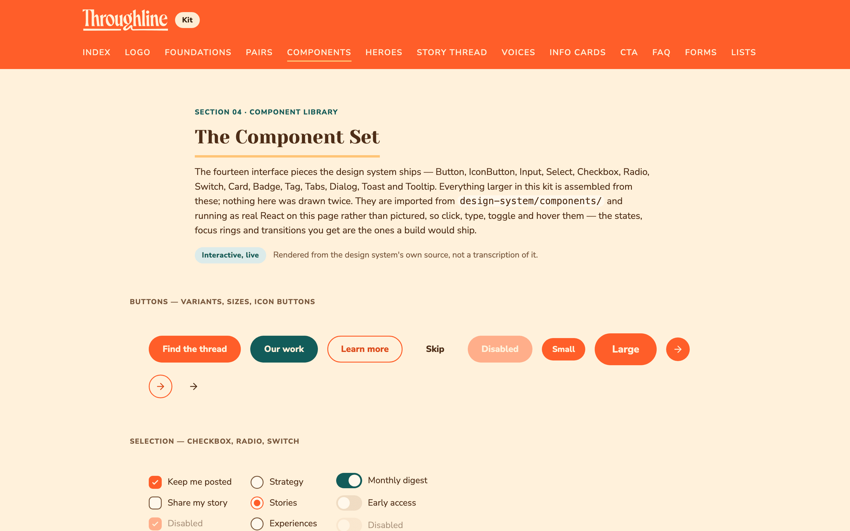 The Throughline component set — approved buttons, checkboxes, radios, and switches rendered live from the design system source.